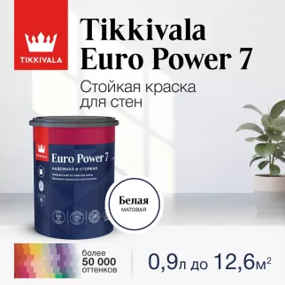 Краска для стен и потолков акриловая TIKKIVALA Euro Power 7 прозрачная (база C) 0,9 л