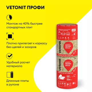 Утеплитель на стекловолокне 100 мм 4100х610 мм 2 шт 5 м2 Профи Vetonit