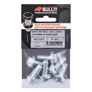 Болт M10x25 мм 6 шт DIN6921 с фланцем оцинкованный BULLIT