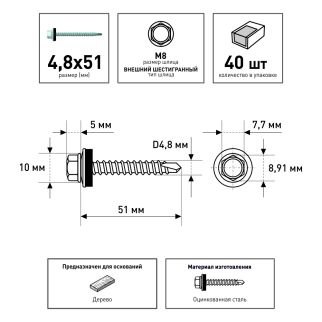 Кровельные саморезы 4,8х51 мм 40 шт по дереву RAL9003 FIXBERG