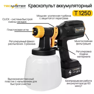 Краскопульт аккумуляторный 21 В 1х4,0 Ач 1,4 л TECMASTER Т1250