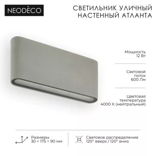 Светильник уличный настенный 2х6 Вт 4000 К IP54 серый NEODECO Атланта
