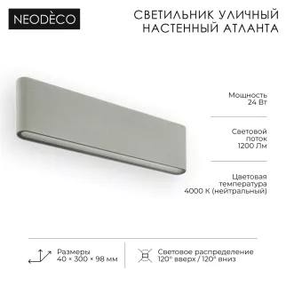 Светильник уличный настенный 2х12 Вт 4000 К IP54 серый NEODECO Атланта