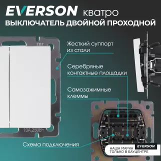 Выключатель двухклавишный проходной EVERSON Кватро без рамки белый матовый