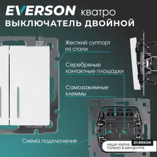 Выключатель двойной EVERSON Кватро с подсветкой без рамки белый матовый