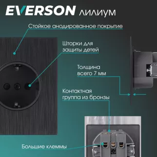 Розетка с заземлением черный алюминий без рамки EVERSON Лилиум
