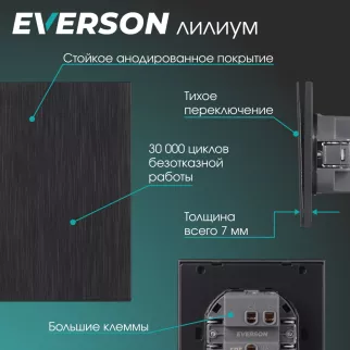 Выключатель проходной черный алюминий со скрытой рамкой EVERSON Лилиум