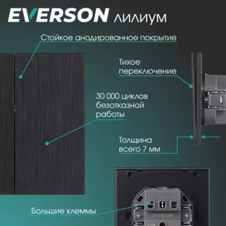 Выключатель двойной черный алюминий со скрытой рамкой EVERSON Лилиум
