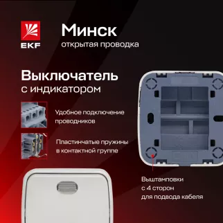 Выключатель одноклавишный EKF Минск с подсветкой белый