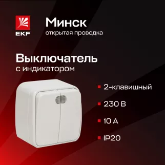 Выключатель двухклавишный EKF Минск с подсветкой белый