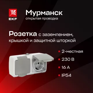 Розетка двойная EKF Мурманск с заземлением влагозащищенная серая