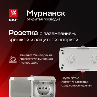 Розетка двойная EKF Мурманск с заземлением влагозащищенная серая
