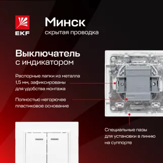 Выключатель двухклавишный EKF Минск с рамкой с подсветкой белый