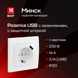Розетка EKF Минск c USB с заземлением белая