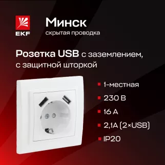 Розетка EKF Минск с 2хUSB с заземлением белая