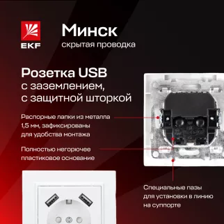 Розетка EKF Минск с 2хUSB с заземлением белая