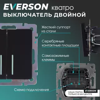 Выключатель двухклавишный ONVOLT/EVERSON Кватро с подсветкой без рамки черный