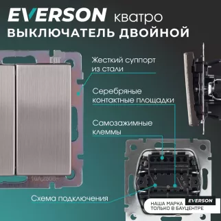 Выключатель двухклавишный ONVOLT/EVERSON Кватро без рамки никель