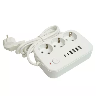 Удлинитель 1,8 м 3 гнезда с заземлением 2500 Вт + 4USB-A + 2USB-C 12 Вт STEKKER
