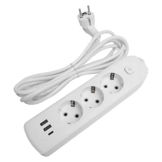 Удлинитель 3 м 3 гнезда с заземлением 2500 Вт + 2USB-A + USB-C 12 Вт STEKKER