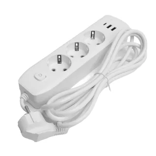 Удлинитель 3 м 3 гнезда с заземлением 2500 Вт + 2USB-A + USB-C 12 Вт STEKKER