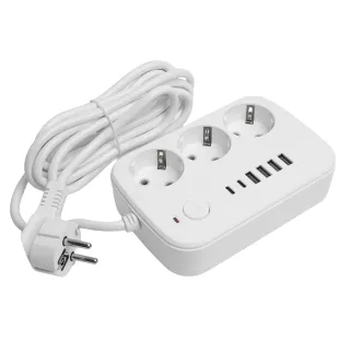 Удлинитель 3 м 3 гнезда с заземлением 2500 Вт + 4USB-A + 2USB-C 12 Вт STEKKER