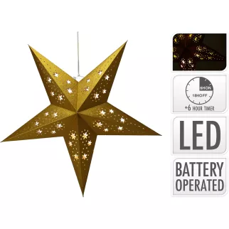 Украшение бумажное 10LED h60 см на батарейках Звезда золотая
