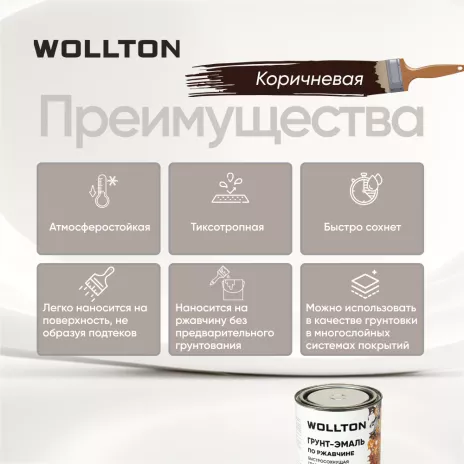 Грунт-эмаль для металла Wollton 3в1 быстросохнущая 0,9 кг коричневая
