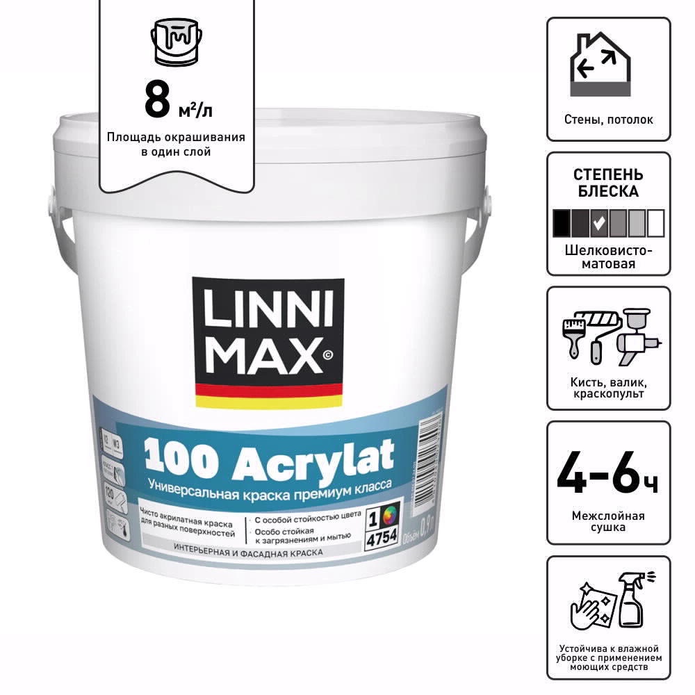 Краска универсальная акрилатная 0,9 л белая (база 1) 100 Acrylat LINNIMAX