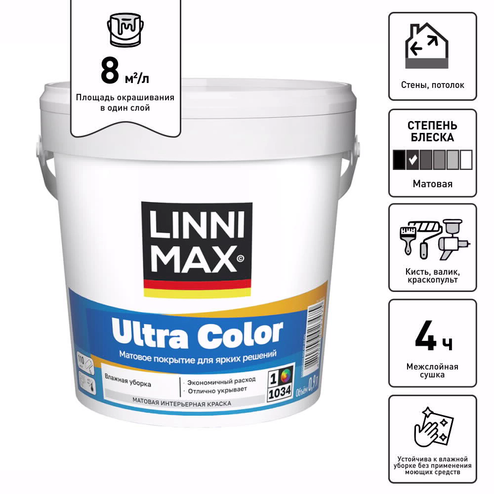 Краска интерьерная латексная LINNIMAX Ultra Color белая (база 1) 0,9 л