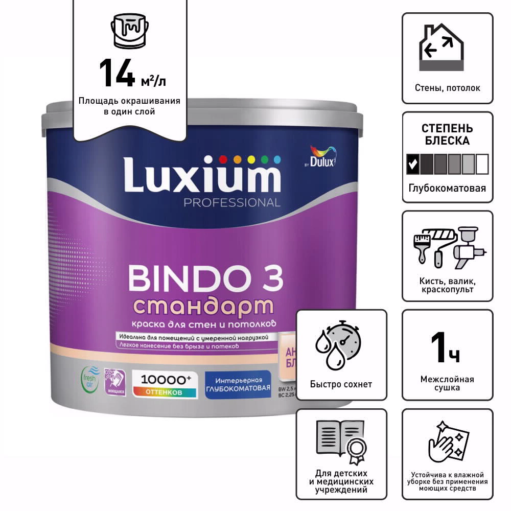 Краска для стен и потолков 2,5 л белая (база BW) Bindo 3 Luxium Professional