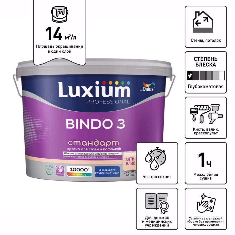 Краска для стен и потолков 9 л белая (база BW) Bindo 3 Luxium Professional