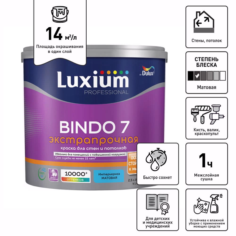 Краска для стен и потолков 2,5 л белая (база BW) Bindo 7 Luxium Professional