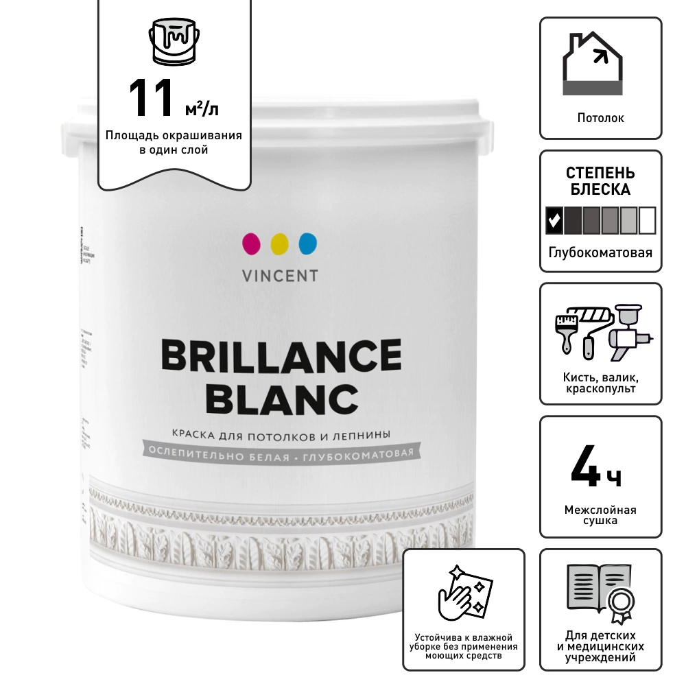 Краска для потолков и лепнины 2,25 л белая (база A) Brilliance Blanc VINCENT