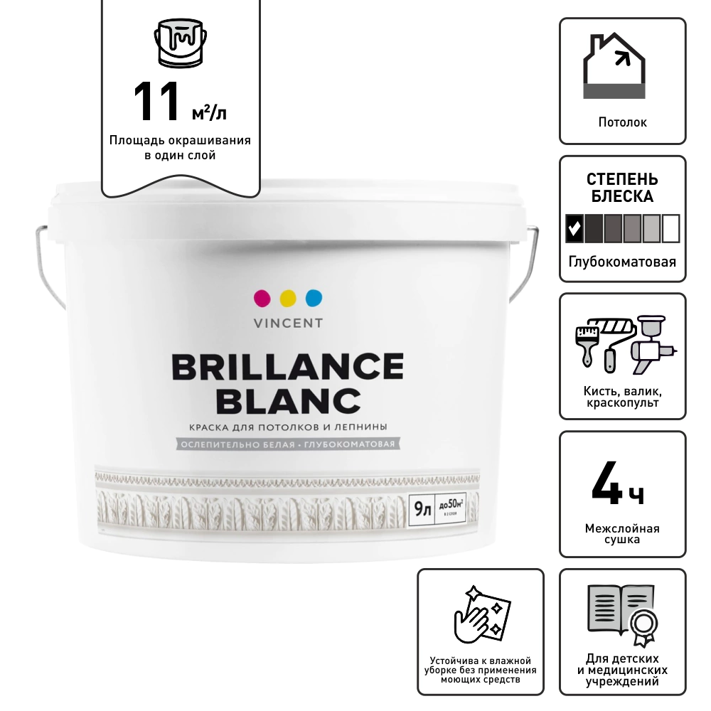 Краска для потолков и лепнины 9 л белая (база A) Brilliance Blanc VINCENT