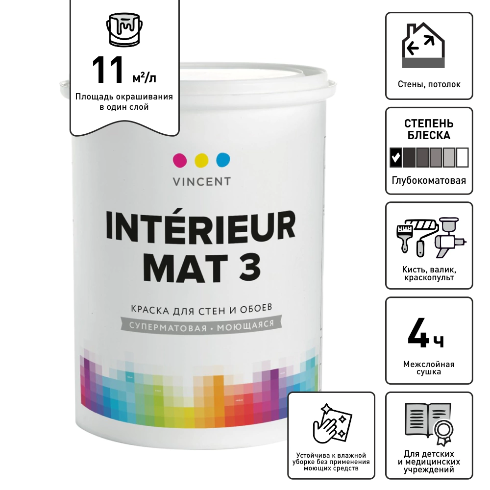 Краска для стен и обоев 0,9 л белая (база A) Interieur Mat 3 VINCENT