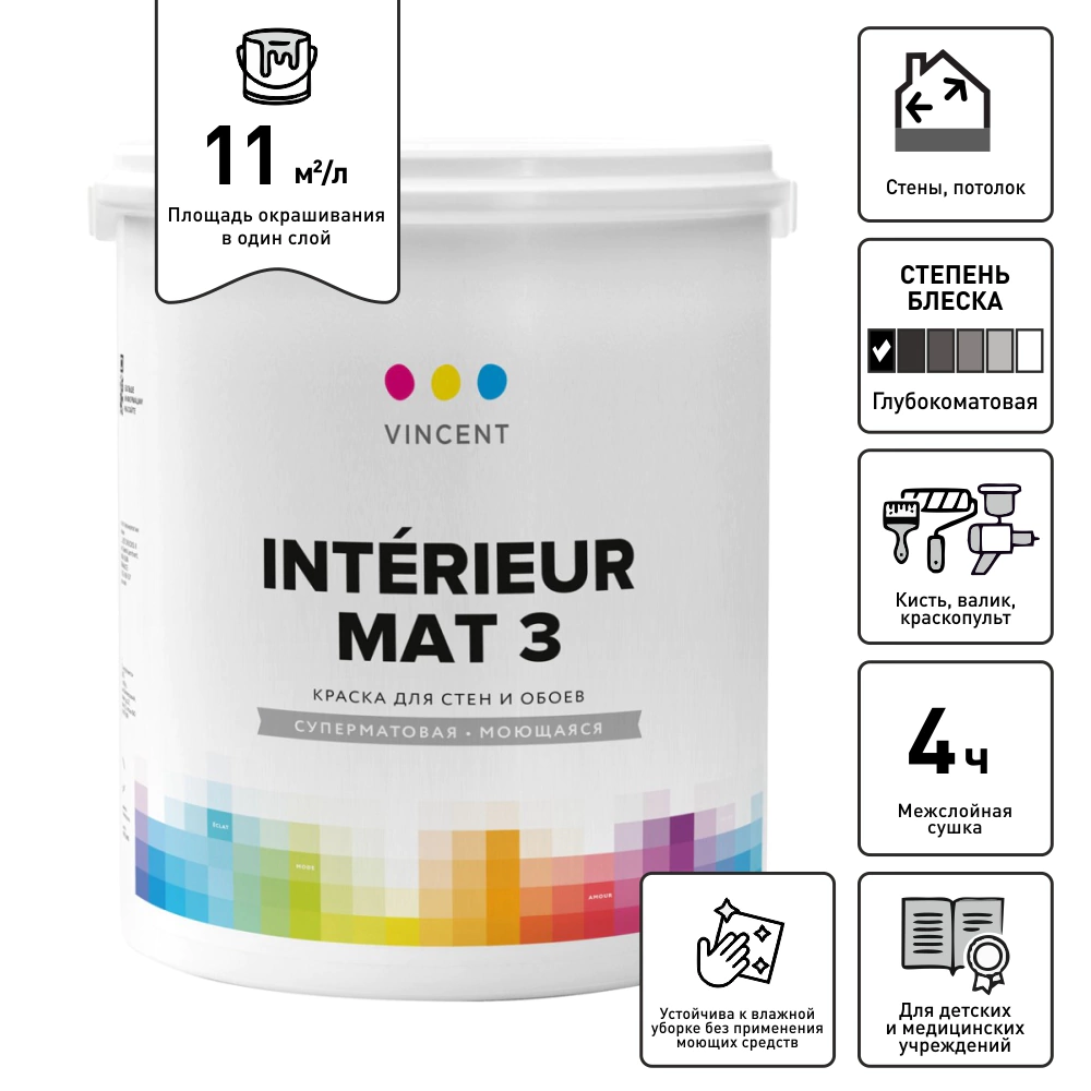 Краска для стен и обоев 2,25 л белая (база A) Interieur Mat 3 VINCENT
