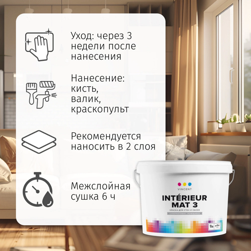 Краска для стен и обоев 2,25 л белая (база A) Interieur Mat 3 VINCENT