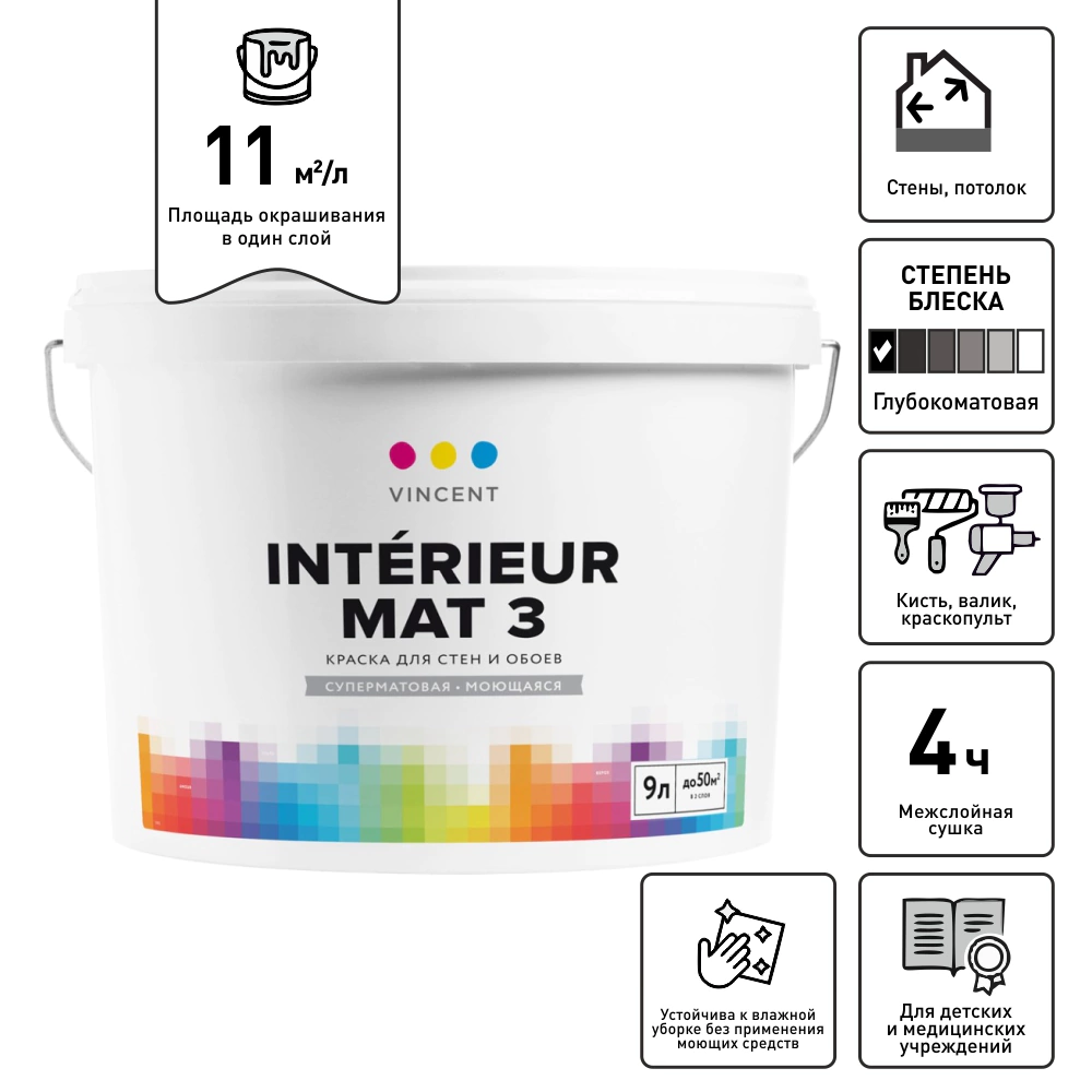 Краска для стен и обоев 9 л белая (база A) Interieur Mat 3 VINCENT