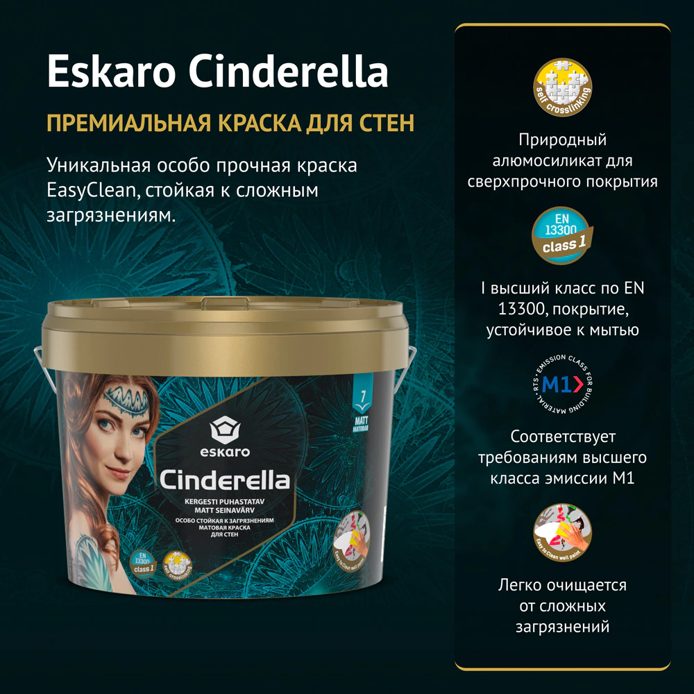 Краска для стен износостойкая 9 л прозрачная (база TR) Cinderella eskaro