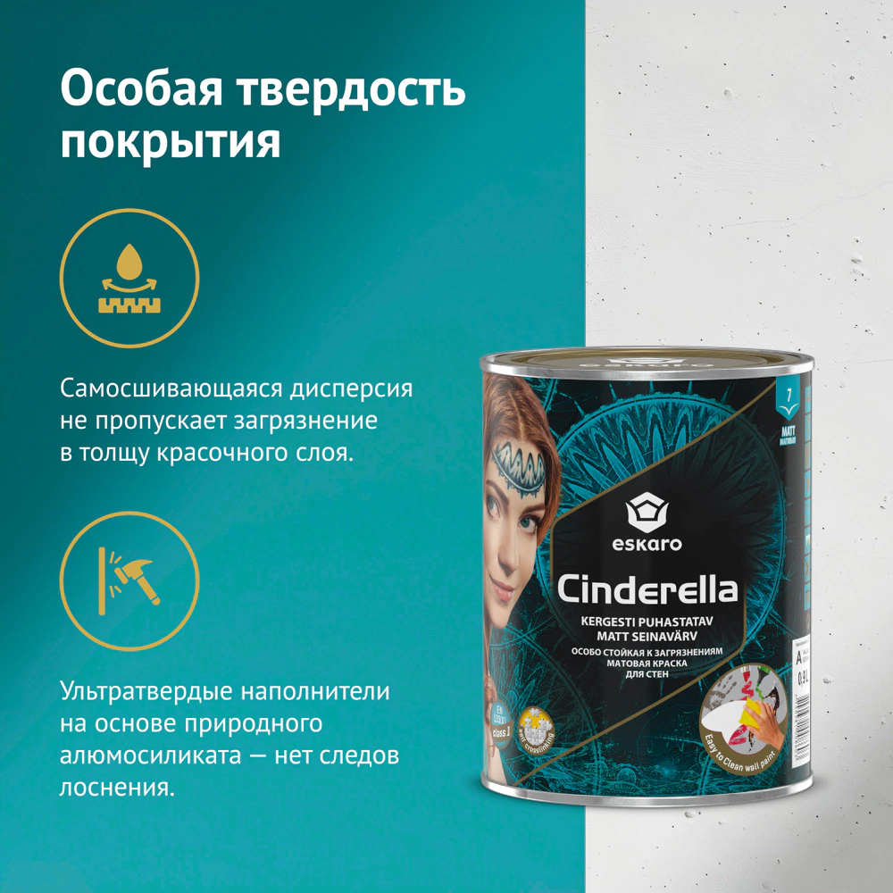 Краска для стен износостойкая 0,9 л белая (база A) Cinderella eskaro