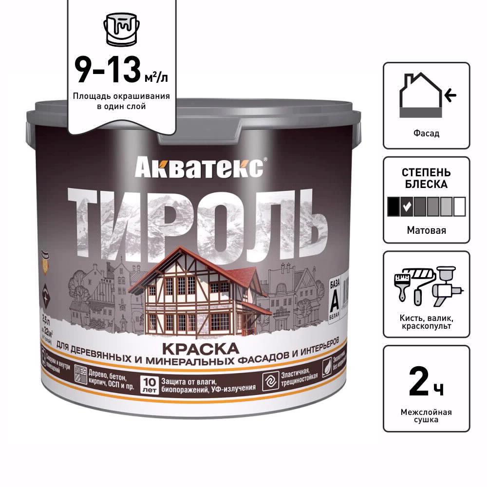 Краска для деревянных фасадов 2,5 л белая (база A) Тироль Акватекс