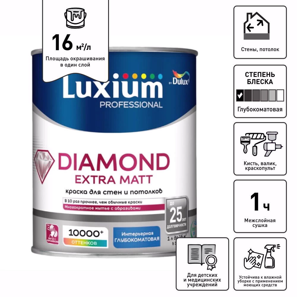 Краска для стен и потолков 1 л белая (база BW) Diamond Extra Matt Luxium