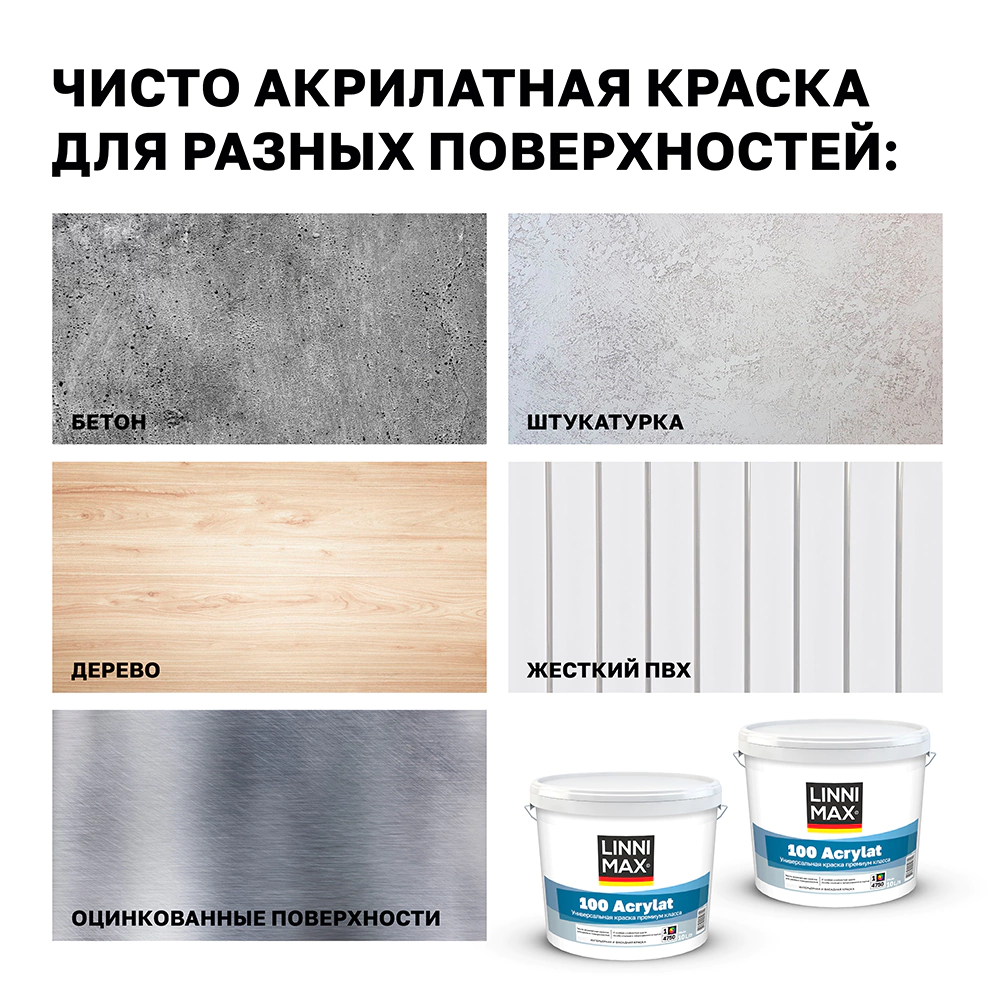 Краска универсальная акрилатная 10 л белая (база 1) 100 Acrylat LINNIMAX
