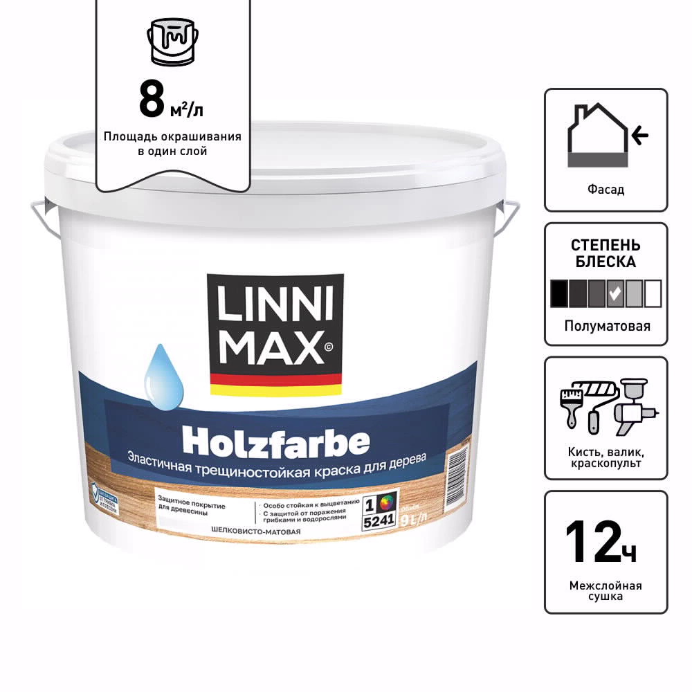 Краска для дерева акрилатная 9 л белая (база 1) Holzfarbe LINNIMAX