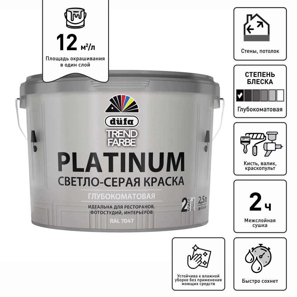 Краска для внутренних работ 9 л RAL 7047 светло-серая dufa Trend Farbe Platinum