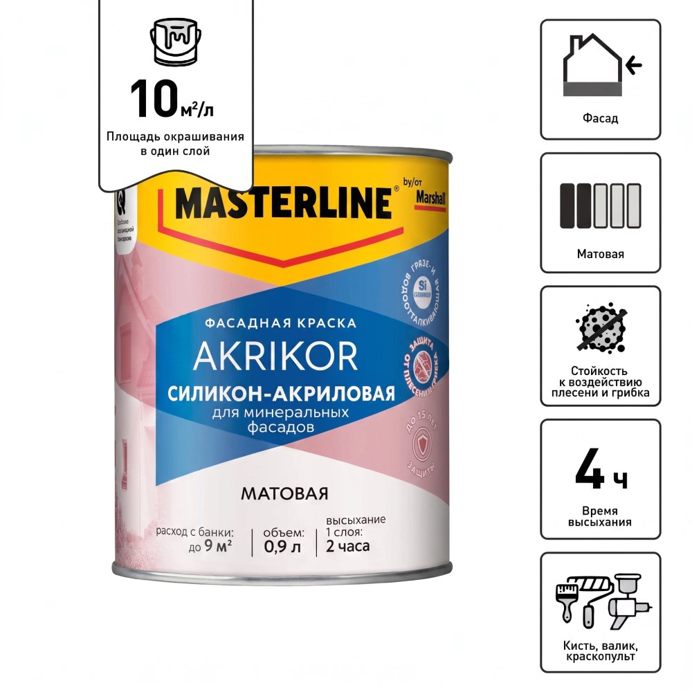 Краска фасадная силикон-акриловая 0,9 л белая (база BW) MASTERLINE Akrikor