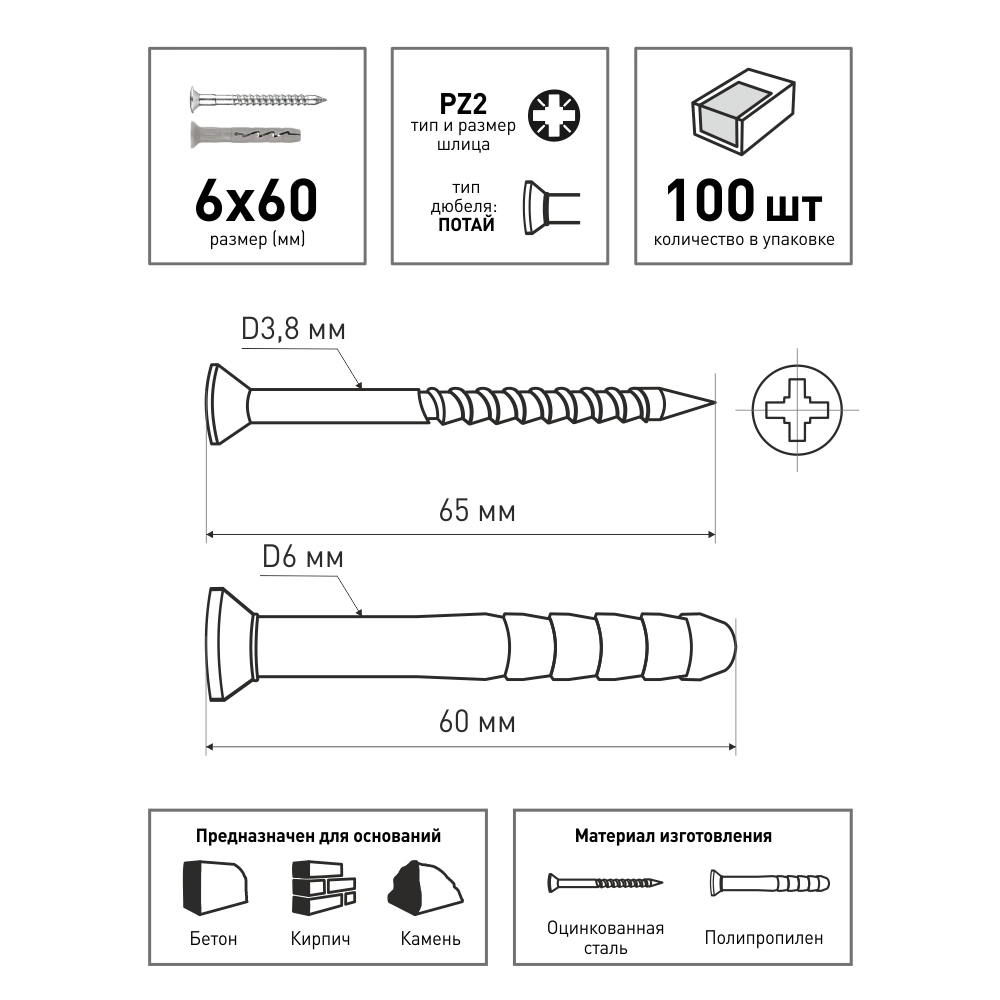 Дюбель-гвоздь 6х60 мм 100 шт с потайной манжетой KOELNER FX-06L060