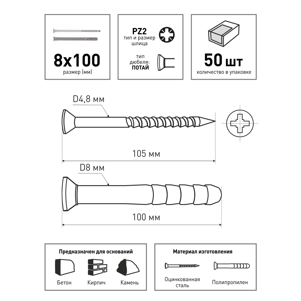 Дюбель-гвоздь 8х100 мм 50 шт с потайной манжетой KOELNER FX-08L100
