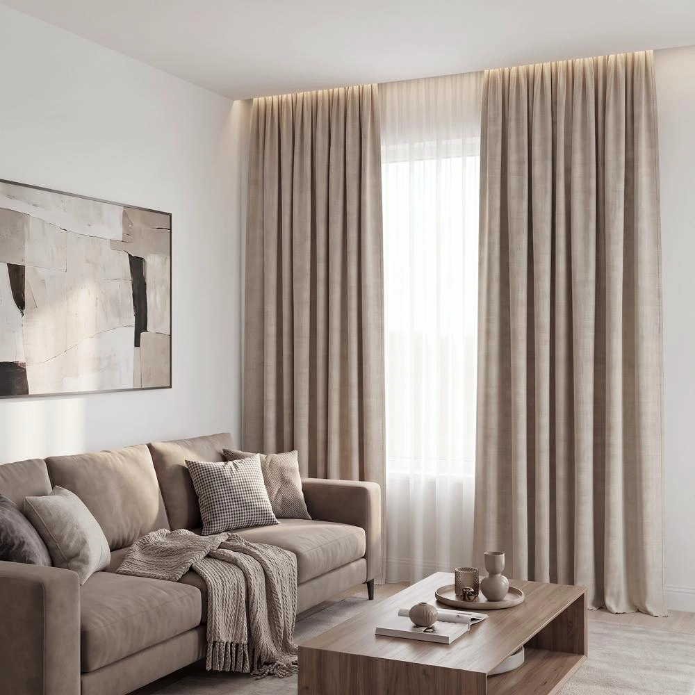 Штора NEODECO Лен Блэкаут 100% 200х260 см бежевая